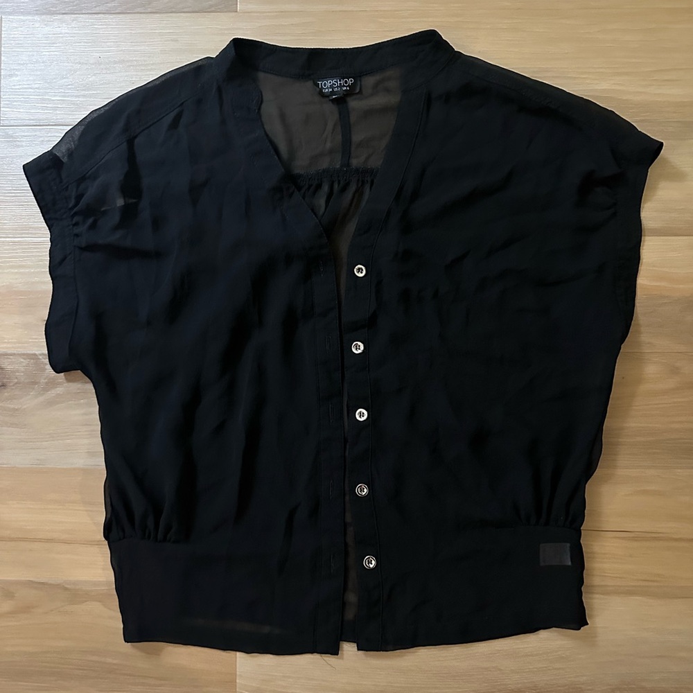 Topshop Black Sheer Short Sleeve Button Down Size S